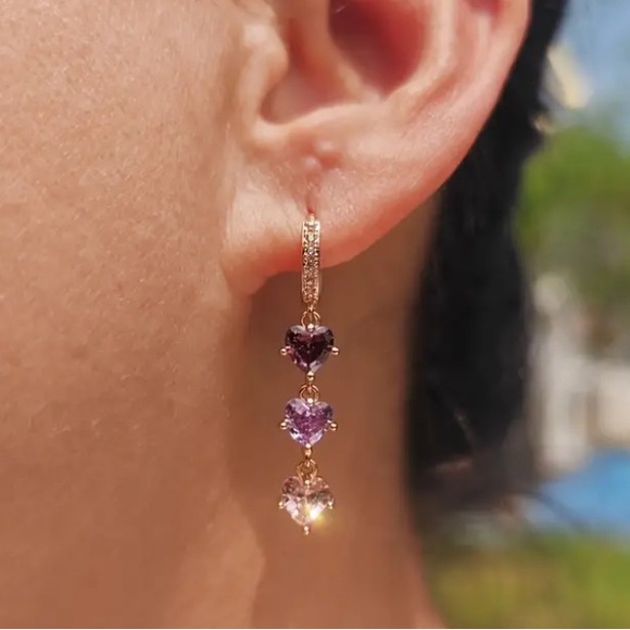 Purple Amethyst Lavender & Pink Topaz Heart Diamond Gold Toned Earrings - Picture 2 of 4